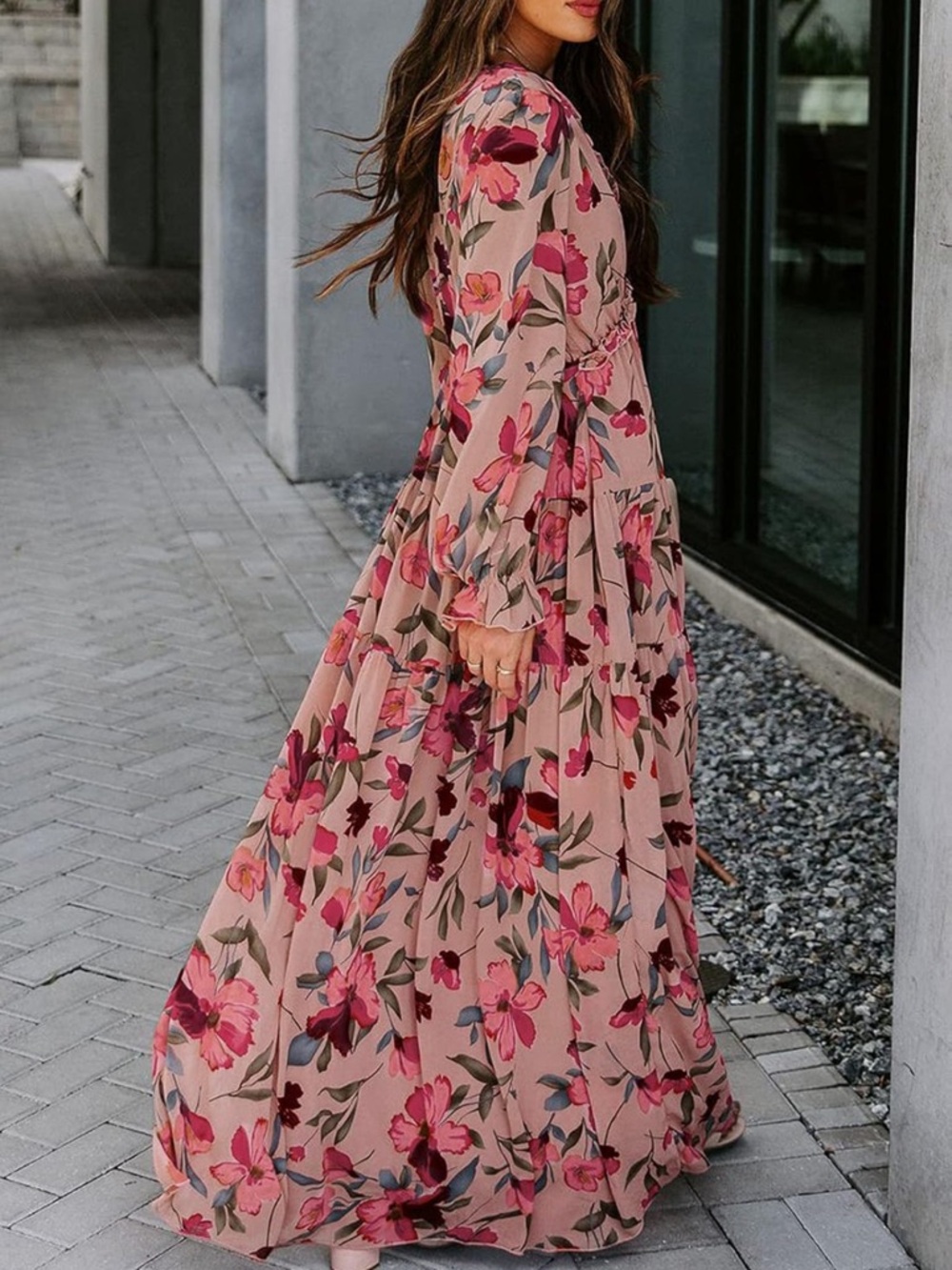 Floral Ruffle V-Neck Maxi Dress - Pink Floral Size Small
